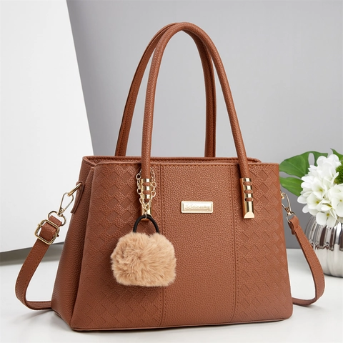 Sac À Main En Cuir PU Pour Femmes Texture Litchi Grand Cabas Avec Pompon Bandoulière Amovible Style Coréen Simple Quotidien