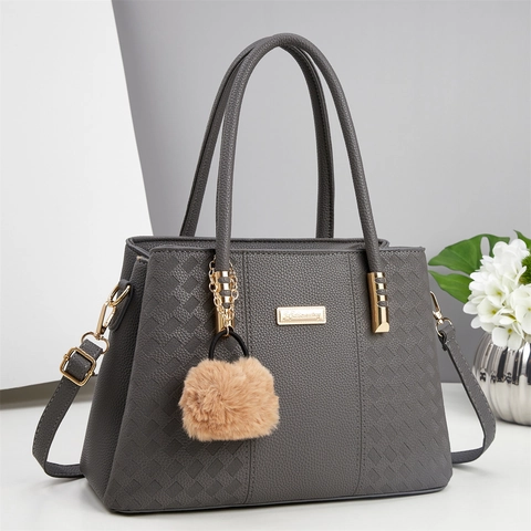 Sac À Main En Cuir PU Pour Femmes Texture Litchi Grand Cabas Avec Pompon Bandoulière Amovible Style Coréen Simple Quotidien
