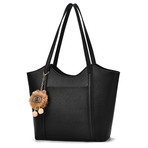 Large Capacity Tote Bag Lychee Grain PU Leather Commuter Shoulder Bag With Plush Charm Front Pocket Simple Versatile Women