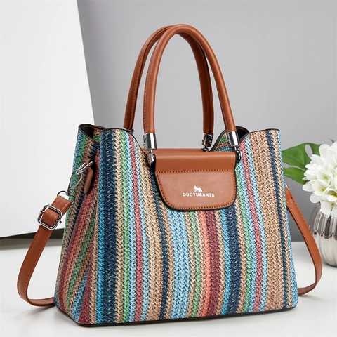 Große Kapazität Tote Handtasche Damen Gewebte Gestrickte Streifen PU Leder Umhängetasche Mit Verstellbarem Riemen Elegant Trendig