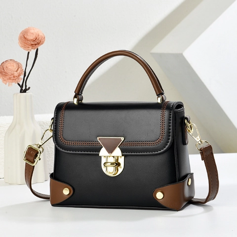 Women Handbag Contrast Color PU Leather Vintage Crossbody Bag With Triangular Lock V-Stitch Detail Elegant Commute Style