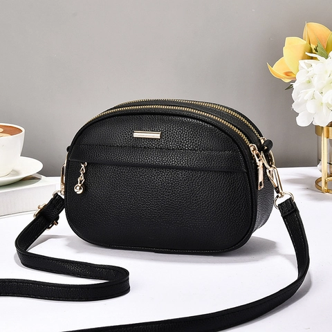 Borsa A Tracolla Da Donna Chic Pelle PU Trama Litchi Doppia Cerniera Scomparti Multipli Moda Quotidiana Versatile
