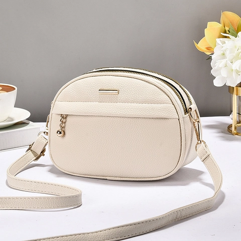 Borsa A Tracolla Da Donna Chic Pelle PU Trama Litchi Doppia Cerniera Scomparti Multipli Moda Quotidiana Versatile