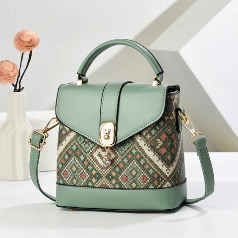 Borsa A Secchiello Retro Motivo Geometrico Etnico Borsa A Mano Pelle PU E Tessuto Mini Borsa A Tracolla Con Chiusura Orso