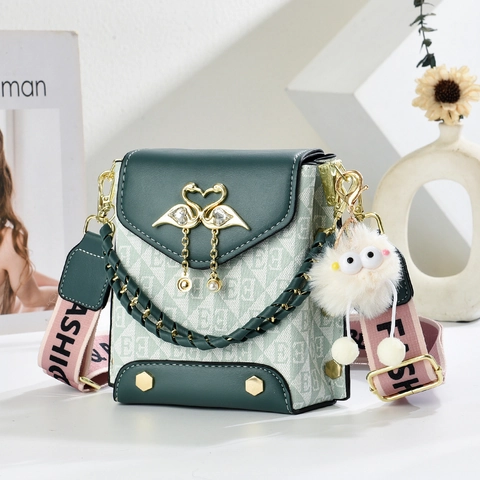 Bolso Bandolera Mujer Cuero PU Jacquard Mini Bolso De Hombro Correa Ancha Cisne Perla Artificial Decoración Peluche