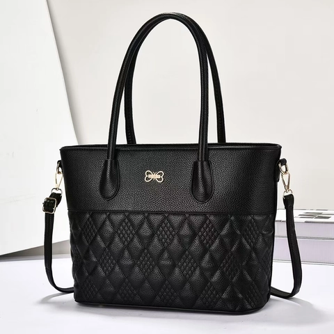 Women Tote Handbag PU Leather Litchi Grain Quilted Rhombus Pattern Golden Bow Decor Shoulder Crossbody Bag Large Capacity