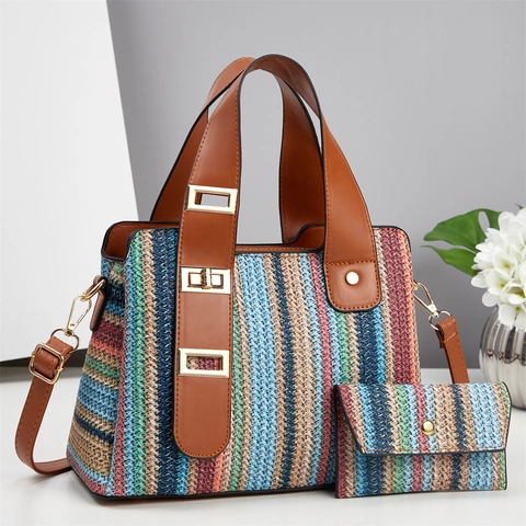 Damen Gewebte PU Leder Handtasche Und Geldbörse Gestreifte Tote Große Kapazität Gold Hardware Für Täglich Sommer