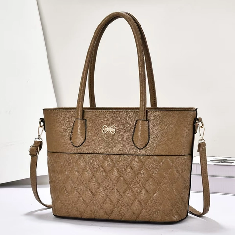 Women Tote Handbag PU Leather Litchi Grain Quilted Rhombus Pattern Golden Bow Decor Shoulder Crossbody Bag Large Capacity