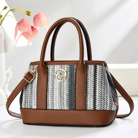 Women Woven Striped Bucket Handbag Contrast Color PU Leather Crossbody Bag Retro Commuting Style Fashion Accessory