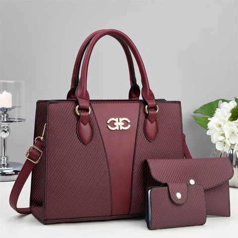 Women PU Leather Woven Texture Tote Handbag Clutch Pouch And Card Holder Fashionable Commuter Solid Color
