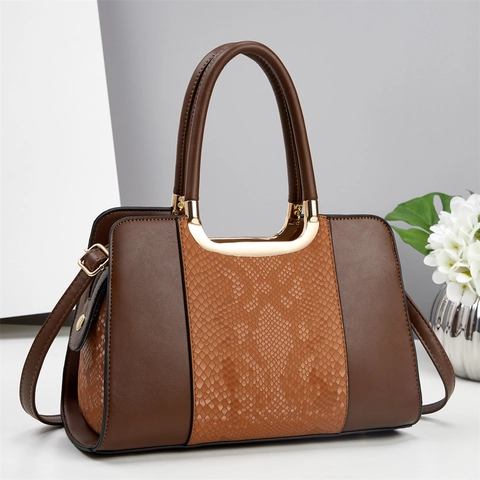 Sac à Épaule en Cuir PU Color Block pour Femmes Sac à Main Grande Capacité Avec Poignée en Métal Doré Motif Serpent