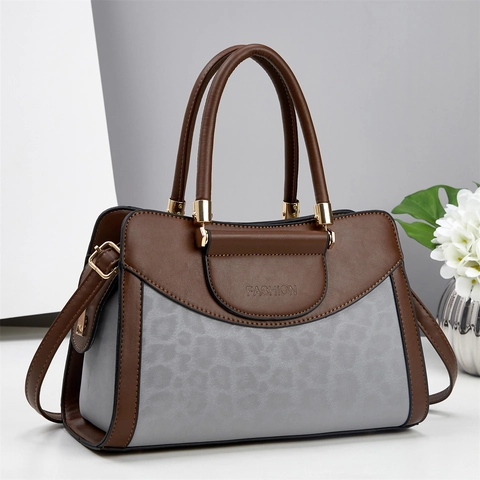 Borsa A Mano Da Donna Grande Capacità Pelle PU Retro Stampa Leopardata Tracolla Tote Accessori Dorati Elegante
