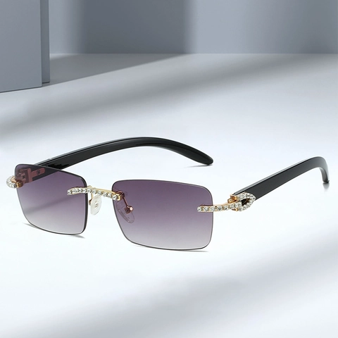 Occhiali Da Sole Rettangolari Senza Montura Lenti Sfumate Strass C Cerniera Vintage Hip Hop Protezione UV400 Uomo Donna
