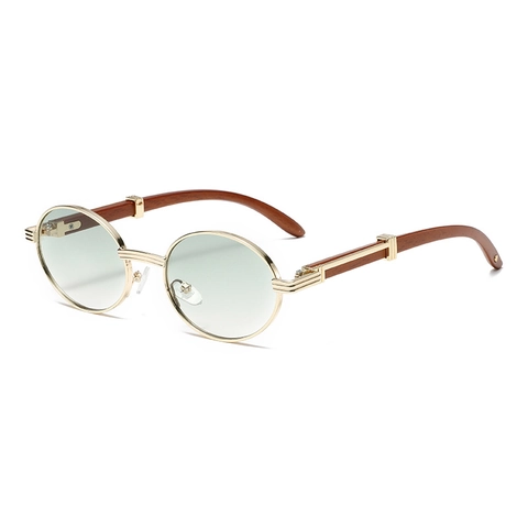 Vintage Oval Sunglasses Metal Frame Wood Textured Temples UV400 Gradient Lens Fashion Eyewear For Men Women Retro Style