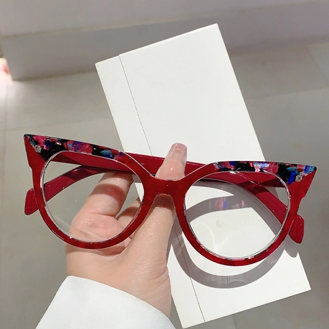 Damen Cat Eye Blaulichtfilter Brille Mode Retro Color Blocking PC Rahmen Optische Brille Klare Gläser Modebrille