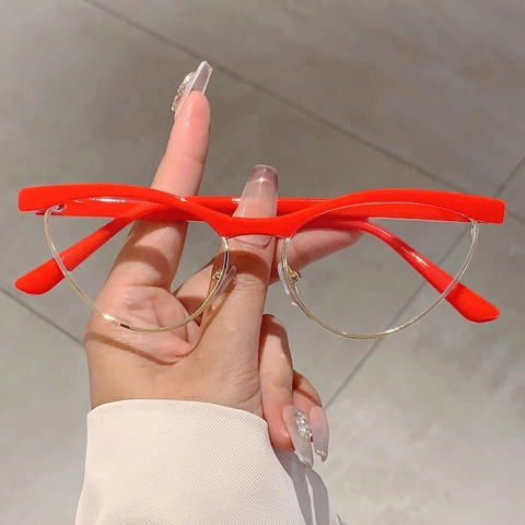 Lunettes Anti Lumière Bleue Cat Eye Femmes Rétro Demi Monture Métal PC Verres Transparents Mode Vintage