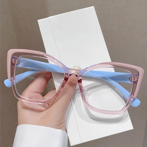 Gafas De Gato Anti Luz Azul Para Mujer Montura TR90 Color Contraste Moda Retro Marco Grande Lente Transparente