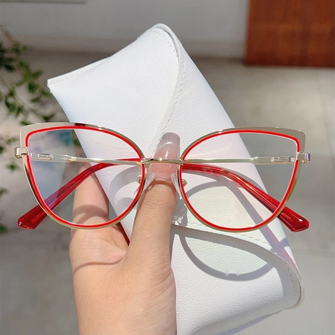 Montatura Occhiali Cat Eye Donna Anti Luce Blu Metallo Cerniera A Molla Elegante Ottica