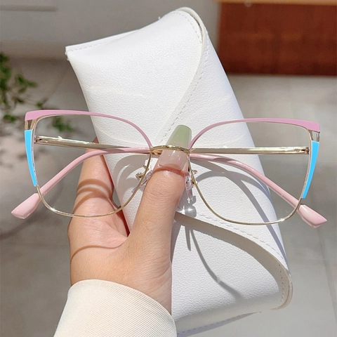 Women Cat Eye Anti Blue Light Glasses Metal Alloy Frame Elegant Retro Eyewear Plain Mirror Spring Hinge Color Blocking