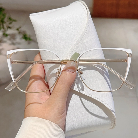 Women Cat Eye Anti Blue Light Glasses Metal Alloy Frame Elegant Retro Eyewear Plain Mirror Spring Hinge Color Blocking