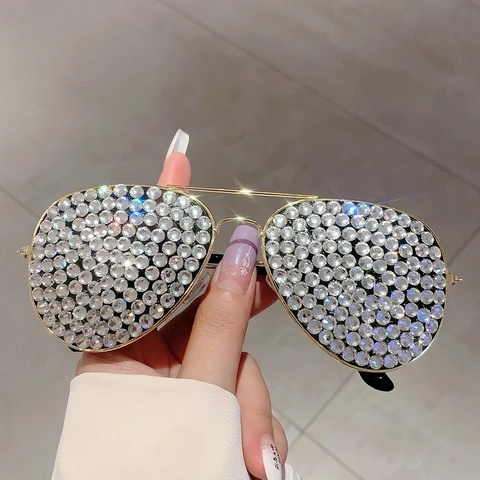 Occhiali Da Sole Aviator Di Lusso Per Donna Montura In Metallo Lente Verde Accessorio Da Festa Con Catena Di Künstliche Perle