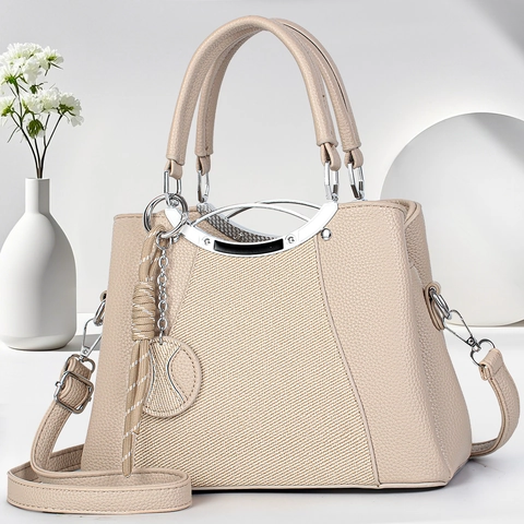 Bolso De Mano Mujer Elegante Cuero PU Tela Patchwork Gran Capacidad Bolso Al Hombro Con Colgante De Borla Trenzada Estilo Urbano Simple