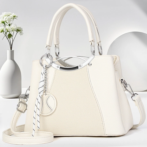 Damen Mode PU Leder Spleißen Handtasche Litschi Struktur Umhängetasche Mit Metallgriff Für Den Täglichen Weg Zur Arbeit