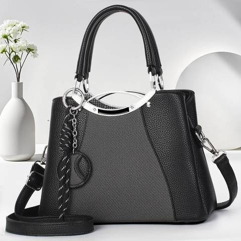 Damen Mode PU Leder Spleißen Handtasche Litschi Struktur Umhängetasche Mit Metallgriff Für Den Täglichen Weg Zur Arbeit