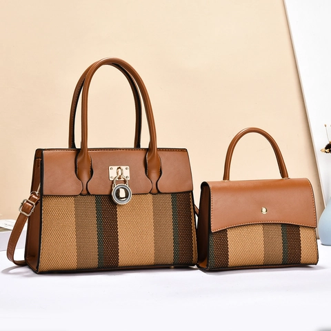 Women Shoulder Bag Set Tote And Small Flap Bag PU Leather Striped Splicing Large Crossbody Handbag With Metal Lock