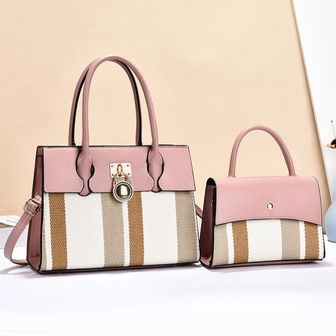 Women Shoulder Bag Set Tote And Small Flap Bag PU Leather Striped Splicing Large Crossbody Handbag With Metal Lock