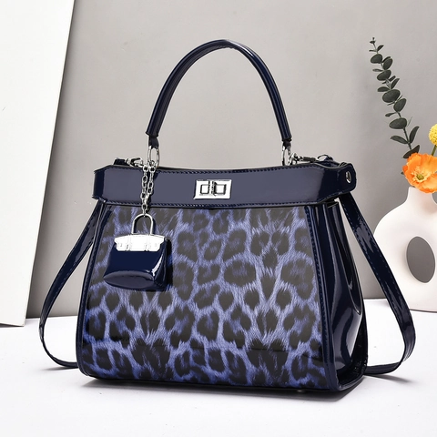 Leopard Print Patent PU Leather Handbag For Women Vintage Shoulder Crossbody Bag With Metal Turn Lock Mini Charm Decor