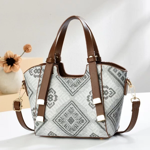 Tote Shoulder Bag Jacquard Fabric And PU Leather Geometric Diamond Pattern Large Capacity Crossbody Handbag For Women