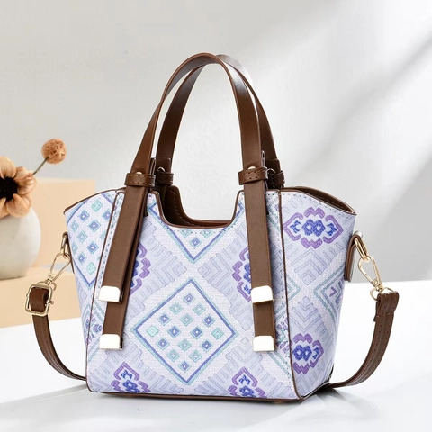 Tote Shoulder Bag Jacquard Fabric And PU Leather Geometric Diamond Pattern Large Capacity Crossbody Handbag For Women