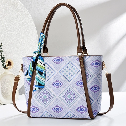 Women Tote Bag Geometric Diamond Pattern Fabric And PU Leather Handbag With Scarf Crossbody Shoulder Bag For Daily Use