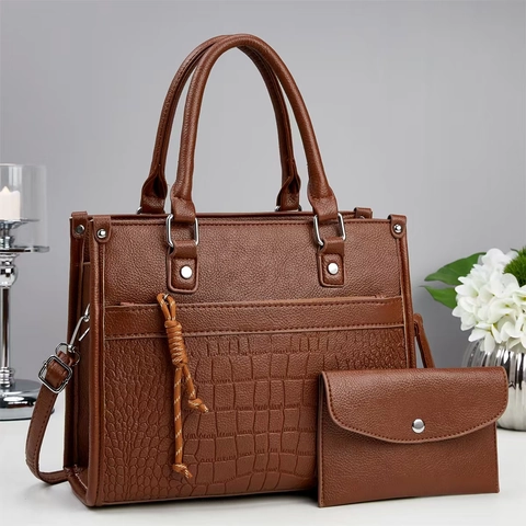 Women Retro Handbag Tote And Pouch PU Leather Litchi Crocodile Embossed Top Handle Removable Strap Silver Hardware