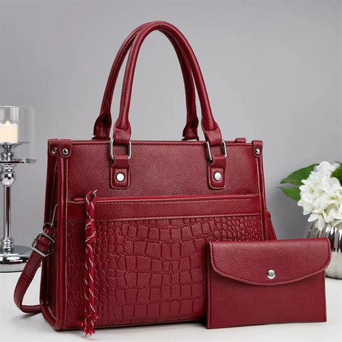 Women Retro Handbag Tote And Pouch PU Leather Litchi Crocodile Embossed Top Handle Removable Strap Silver Hardware
