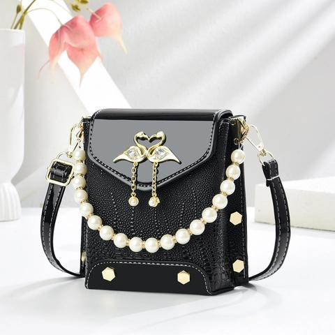 Women Crossbody Phone Bag Crocodile Pattern PU Leather With Faux Artificial Pearl Handle Swan Clasp Elegant Mini Square Satchel