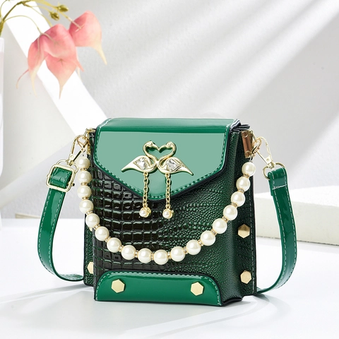 Women Crossbody Phone Bag Crocodile Pattern PU Leather With Faux Artificial Pearl Handle Swan Clasp Elegant Mini Square Satchel