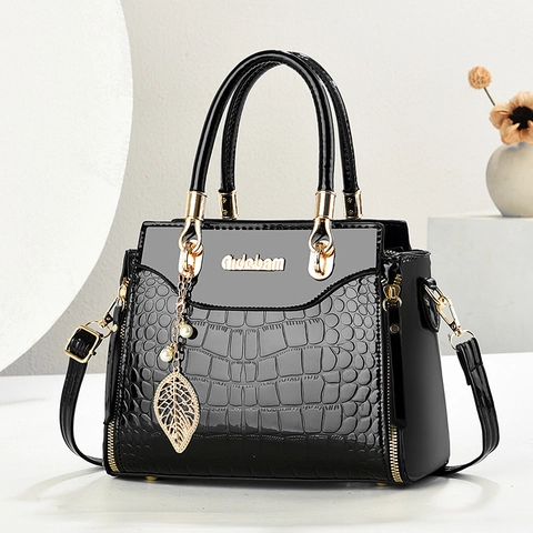 Women Handbag Elegant Crocodile Pattern PU Leather Large Capacity Top Handle Bag With Leaf Artificial Pearl Pendant Shoulder Strap
