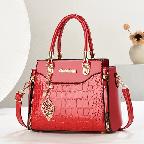 Women Handbag Crocodile Pattern Glossy PU Leather Large Capacity Tote Bag Leaf Artificial Pearl Pendant Fashion Crossbody Purse