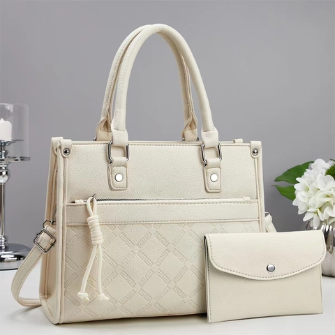 Sac À Main Femme Et Portefeuille Assorti Cuir PU Texture Lychee Grande Kapacité Sac Bandoulière Élégant