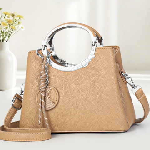 Sac à Main Vintage pour Femme en Cuir PU Grain de Litchi Avec Poignée Ronde en Métal Bandoulière Amovible Sac à Bandoulière Mode