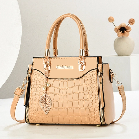 Women Handbag Elegant Crocodile Pattern PU Leather Large Capacity Top Handle Bag With Leaf Artificial Pearl Pendant Shoulder Strap