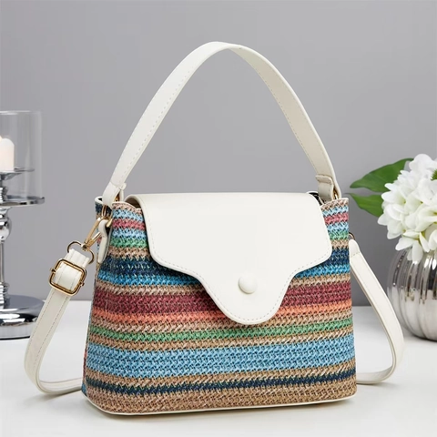 Bunte Gestreifte Stroh Handtasche PU Leder Spleißen Umhängetasche Gewebte Schultertasche Urlaub Strand Chic Für Damen