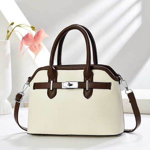 Women Shell Shoulder Bag PU Leather Litchi Texture Top Handle Crossbody Handbag Retro Commuter Style Twist Lock