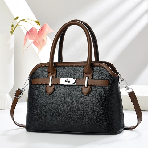 Handtasche Aus PU-Leder Mit Lychee-Struktur Im Color-Block-Design Crossbody-Tasche Mit Silbernem Drehverschluss Chic Retro Für Damen