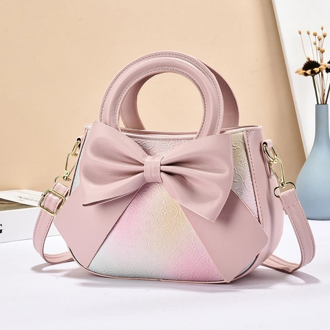 PU Leather Handbag For Women Gradient Floral Embossed Large Bow Top Handle Elegant Crossbody Shoulder Bag Sweet Chic
