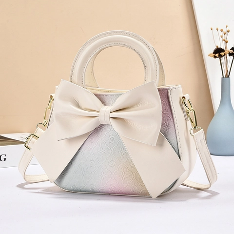 PU Leather Handbag For Women Gradient Floral Embossed Large Bow Top Handle Elegant Crossbody Shoulder Bag Sweet Chic