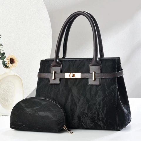 Borsa A Mano Da Donna In Pelle PU E Pochette Trama Increspata Retro Elegante Grande Capacità Borsa Manico Chiusura Metallo Dorato