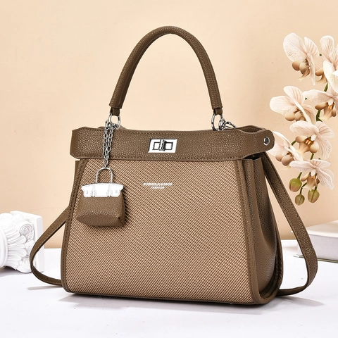 Borsa a Mano da Donna Elegante in Pelle PU e Tessuto Color Block Grande Capacità Tracolla da Pendolare Con Chiusura in Metallo